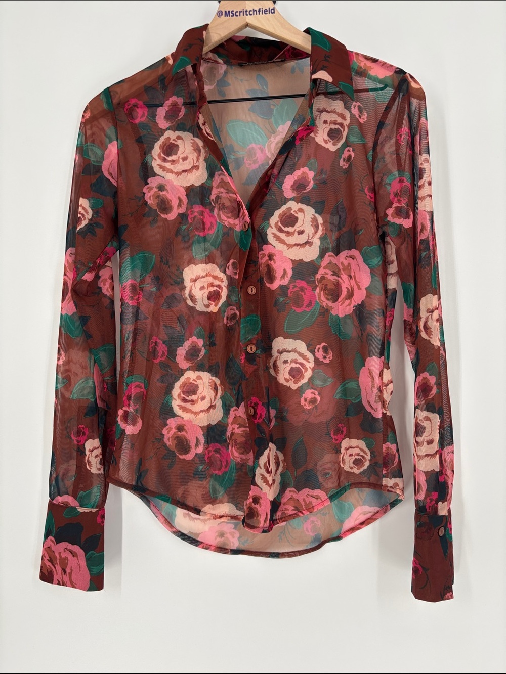 Olivacious sheer brown floral button down top small
